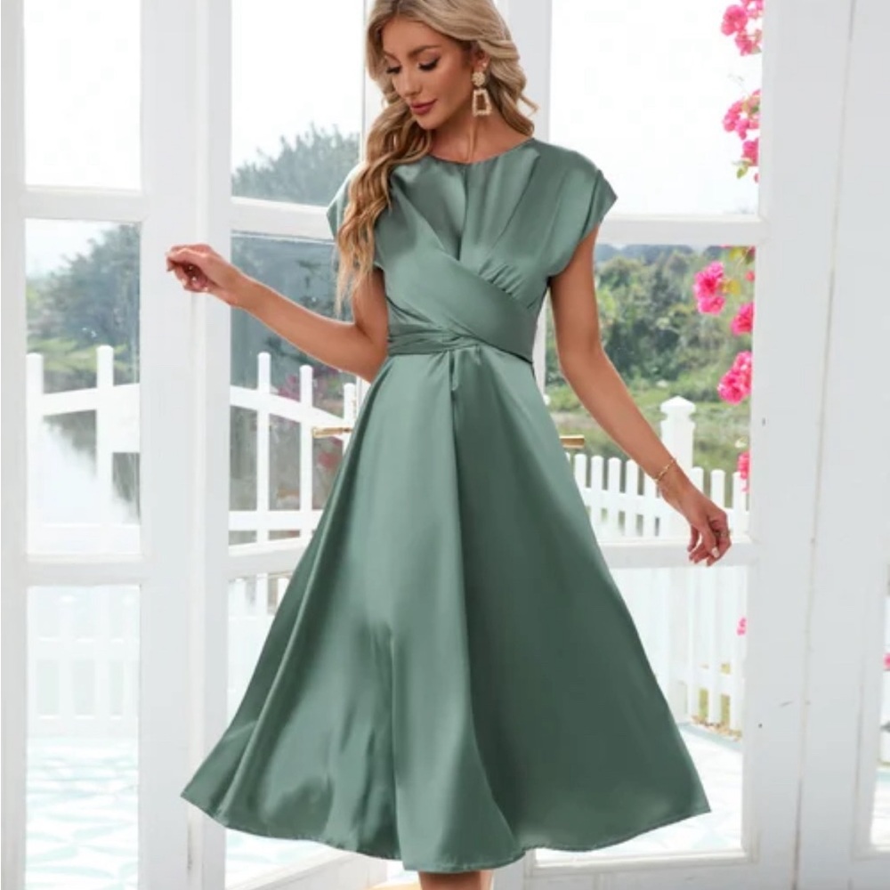 Green wrap tie dress